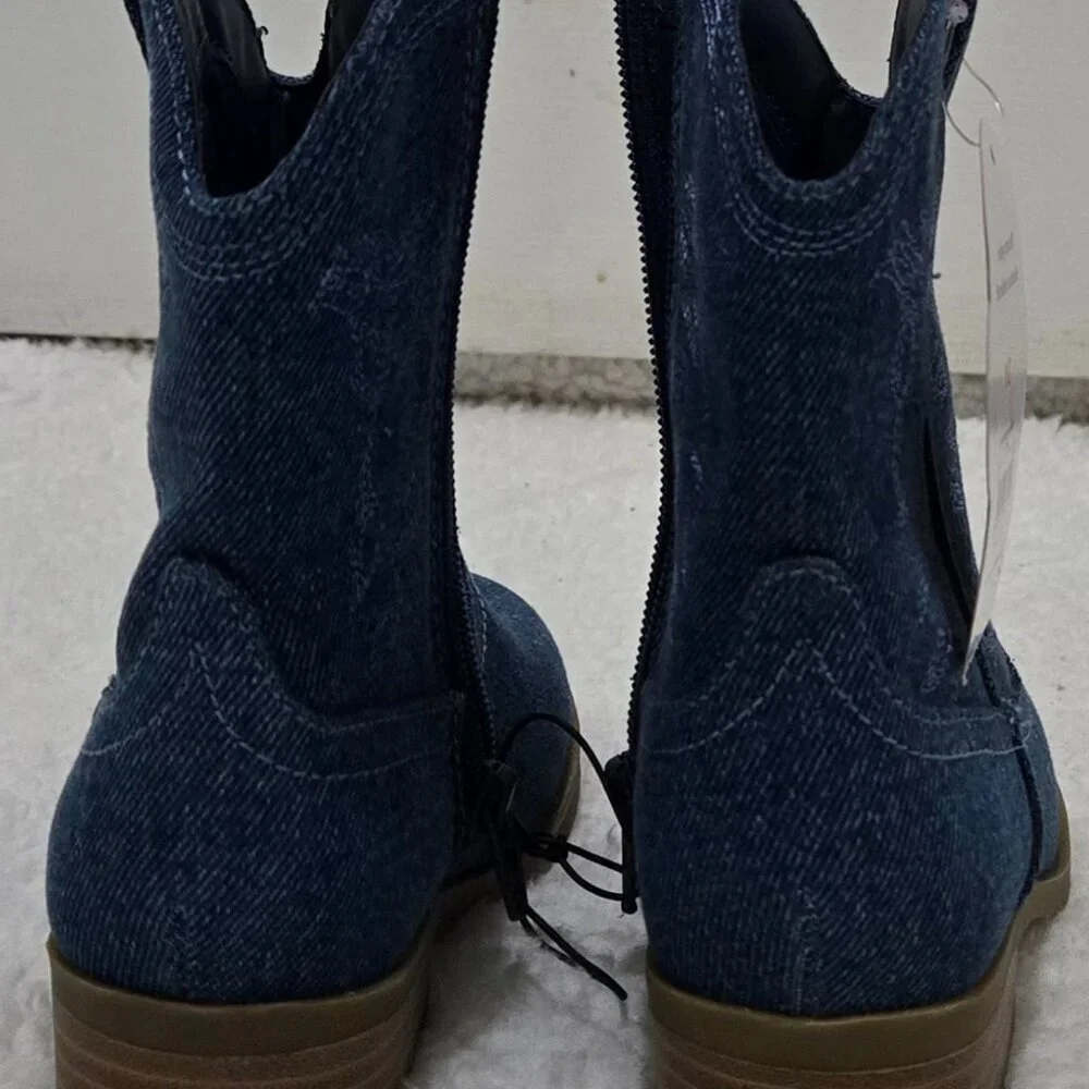 Girls New Side Zip Unlined Flexible Outsole Fabric Upper Denim Western Boots